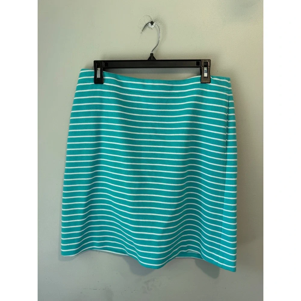 Talbots Petites Teal Green White Striped Textured Skirt Size 8P Pockets VN1953